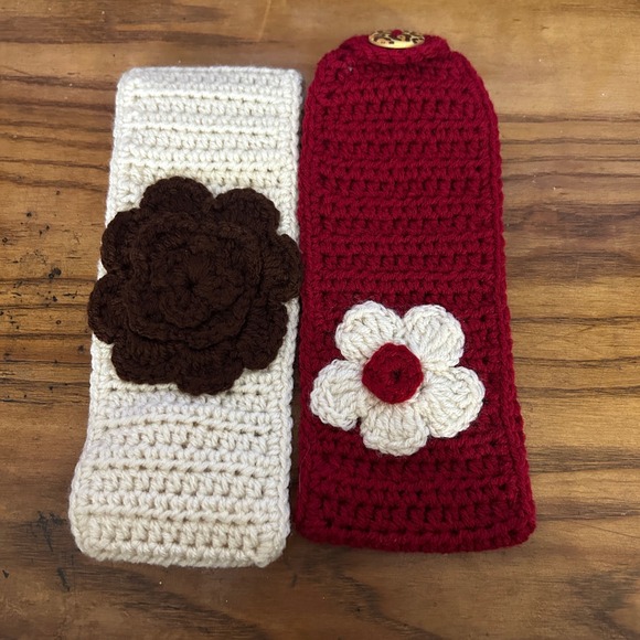 Custom Made handmade Crochet Ear Warmer Headband Set 2 OS Red Cream Flower boho main image 5